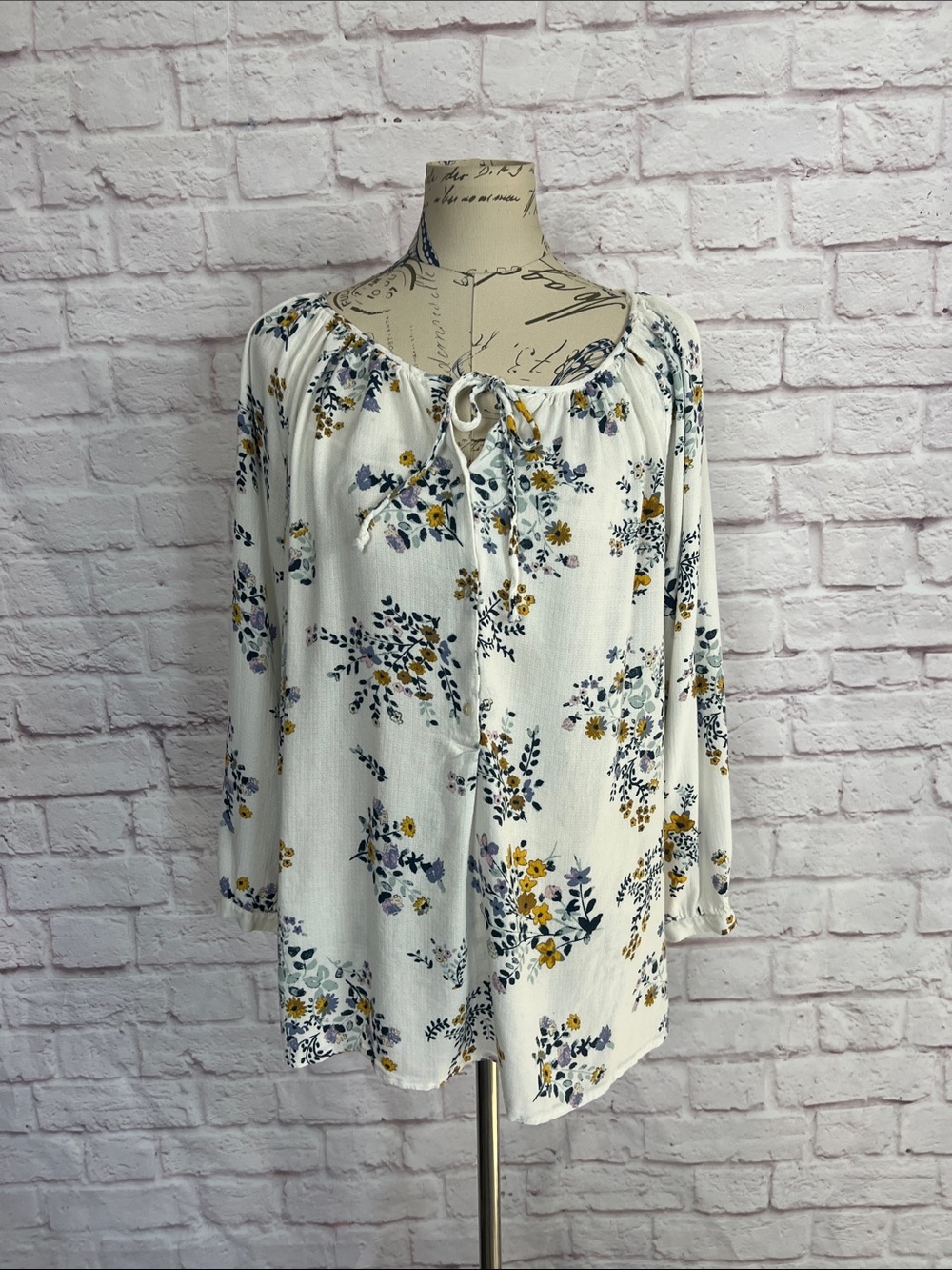 Women's White Floral Peasant Blouse with Tie Neck